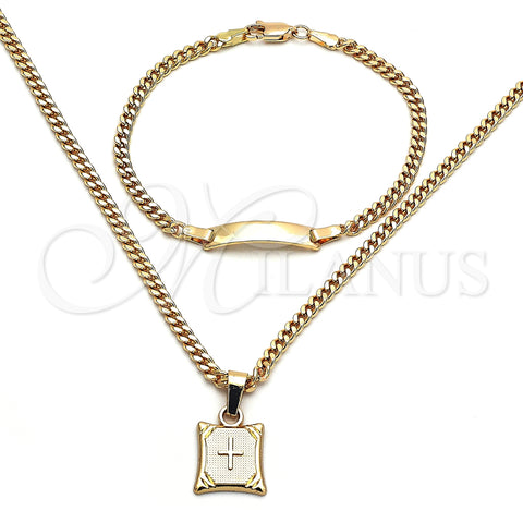 Oro Laminado Necklace and Bracelet, Gold Filled Style Cross and Miami Cuban Design, Polished, Golden Finish, 06.63.0264
