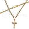 Oro Laminado Necklace and Bracelet, Gold Filled Style Crucifix and Miami Cuban Design, Polished, Golden Finish, 06.63.0265