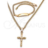 Oro Laminado Necklace and Bracelet, Gold Filled Style Crucifix and Miami Cuban Design, Polished, Golden Finish, 06.63.0265