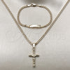 Oro Laminado Necklace and Bracelet, Gold Filled Style Crucifix and Miami Cuban Design, Polished, Golden Finish, 06.63.0265