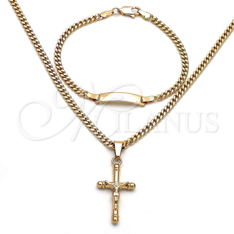 Oro Laminado Necklace and Bracelet, Gold Filled Style Crucifix and Miami Cuban Design, Polished, Golden Finish, 06.63.0265