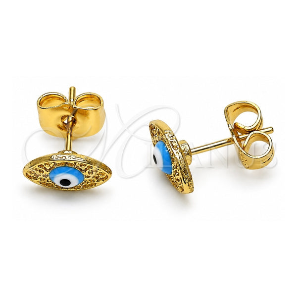 Oro Laminado Stud Earring, Gold Filled Style Evil Eye Design, Azul claro Enamel Finish, Golden Finish, 02.213.0398.1