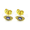 Oro Laminado Stud Earring, Gold Filled Style Evil Eye Design, Blue Enamel Finish, Golden Finish, 02.213.0398.2