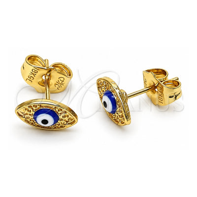 Oro Laminado Stud Earring, Gold Filled Style Evil Eye Design, Blue Enamel Finish, Golden Finish, 02.213.0398.2