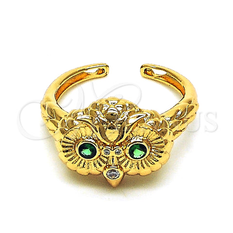 Oro Laminado Multi Stone Ring, Gold Filled Style Owl Design, with Green and White Cubic Zirconia, Polished, Golden Finish, 01.213.0030 (One size fits all)