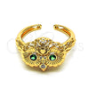 Oro Laminado Multi Stone Ring, Gold Filled Style Owl Design, with Green and White Cubic Zirconia, Polished, Golden Finish, 01.213.0030 (One size fits all)