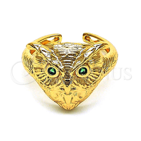 Oro Laminado Multi Stone Ring, Gold Filled Style Owl Design, with Green Cubic Zirconia, Polished, Golden Finish, 01.213.0032 (One size fits all)