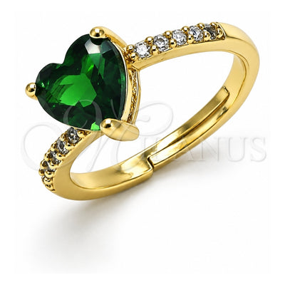 Oro Laminado Multi Stone Ring, Gold Filled Style Heart Design, with Green Cubic Zirconia and White Micro Pave, Polished, Golden Finish, 01.284.0057 (One size fits all)