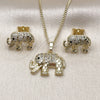 Oro Laminado Earring and Pendant Adult Set, Gold Filled Style Elephant Design, with White and Black Micro Pave, Polished, Golden Finish, 10.284.0026