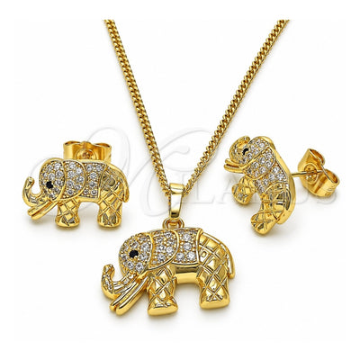 Oro Laminado Earring and Pendant Adult Set, Gold Filled Style Elephant Design, with White and Black Micro Pave, Polished, Golden Finish, 10.284.0026