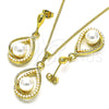 Oro Laminado Earring and Pendant Adult Set, Gold Filled Style Teardrop Design, with Ivory Pearl, Polished, Golden Finish, 10.379.0032