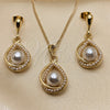 Oro Laminado Earring and Pendant Adult Set, Gold Filled Style Teardrop Design, with Ivory Pearl, Polished, Golden Finish, 10.379.0032