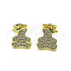 Oro Laminado Stud Earring, Gold Filled Style Teddy Bear and Crown Design, with White Micro Pave, Polished, Golden Finish, 02.195.0152