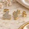 Oro Laminado Stud Earring, Gold Filled Style Teddy Bear and Crown Design, with White Micro Pave, Polished, Golden Finish, 02.195.0152