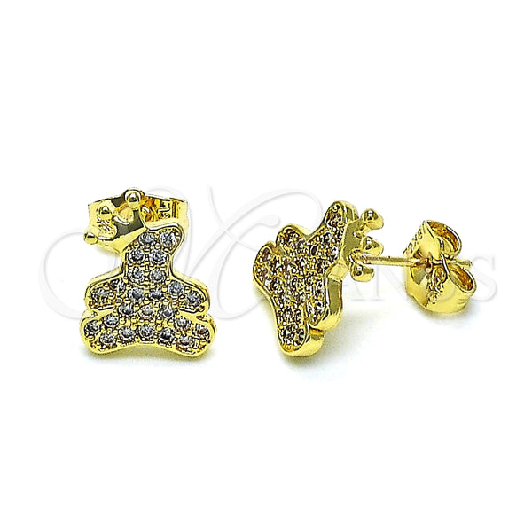 Oro Laminado Stud Earring, Gold Filled Style Teddy Bear and Crown Design, with White Micro Pave, Polished, Golden Finish, 02.195.0152