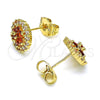 Oro Laminado Stud Earring, Gold Filled Style Flower Design, with Garnet and White Cubic Zirconia, Polished, Golden Finish, 02.310.0021.1