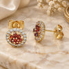 Oro Laminado Stud Earring, Gold Filled Style Flower Design, with Garnet and White Cubic Zirconia, Polished, Golden Finish, 02.310.0021.1