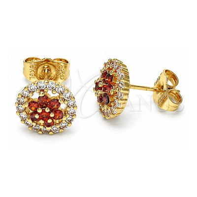 Oro Laminado Stud Earring, Gold Filled Style Flower Design, with Garnet and White Cubic Zirconia, Polished, Golden Finish, 02.310.0021.1