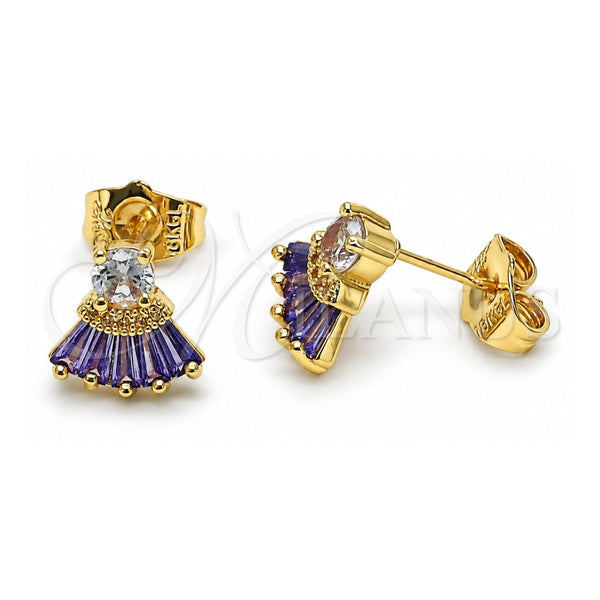 Oro Laminado Stud Earring, Gold Filled Style Baguette Design, with Amethyst and White Cubic Zirconia, Polished, Golden Finish, 02.310.0022.2