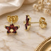 Oro Laminado Stud Earring, Gold Filled Style Flower Design, with Garnet Cubic Zirconia, Polished, Golden Finish, 02.310.0024.2