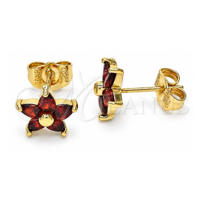 Oro Laminado Stud Earring, Gold Filled Style Flower Design, with Garnet Cubic Zirconia, Polished, Golden Finish, 02.310.0024.2