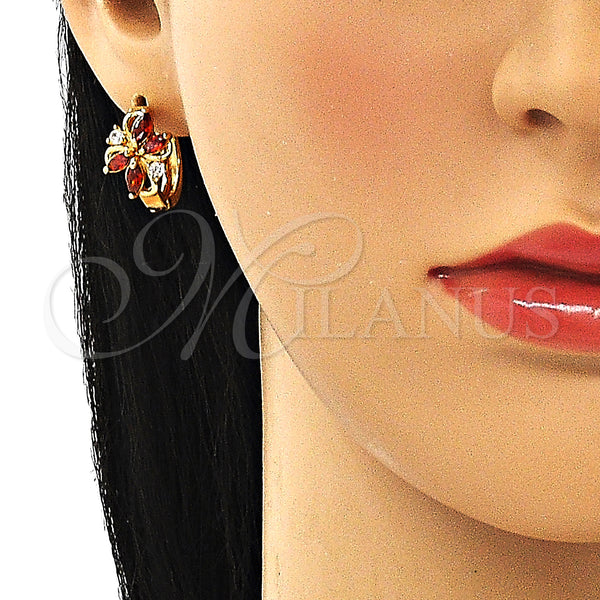 Gold Filled Hoop Earrings — Huggie Hoop Flower Design with Garnet and White — alternate product view — SKU 148685 | Oro Laminado aretes de aro — Huggie Hoop flor diseño with Garnet and blanco — SKU 148685