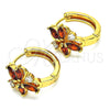 Oro Laminado Huggie Hoop, Gold Filled Style Flower Design, with Garnet and White Cubic Zirconia, Polished, Golden Finish, 02.210.0711.2.15