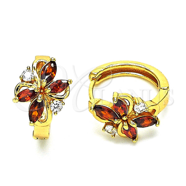 Gold Filled Hoop Earrings — Huggie Hoop Flower Design with Garnet and White — main product view — SKU 148685 | Oro Laminado aretes de aro — Huggie Hoop flor diseño with Garnet and blanco — SKU 148685