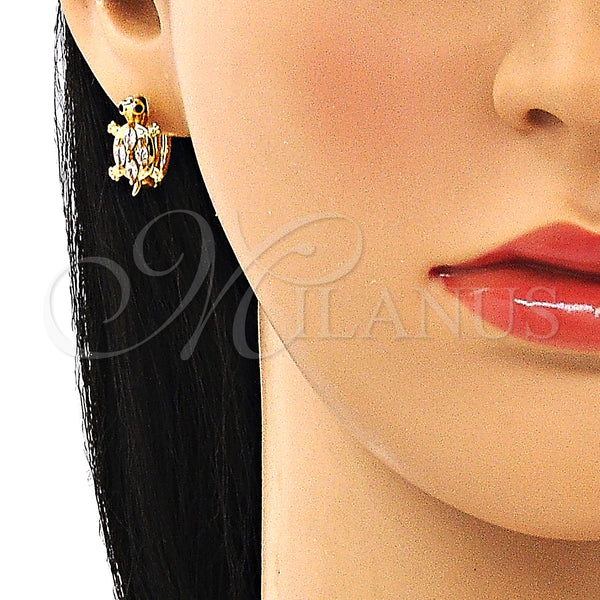 Gold Filled Hoop Earrings — Huggie Hoop Turtle Design with White and Black — alternate product view — SKU 148688 | Oro Laminado aretes de aro — Huggie Hoop Turtle diseño with blanco and negro — SKU 148688