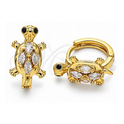 Oro Laminado Huggie Hoop, Gold Filled Style Turtle Design, with White and Black Cubic Zirconia, Polished, Golden Finish, 02.210.0712.12