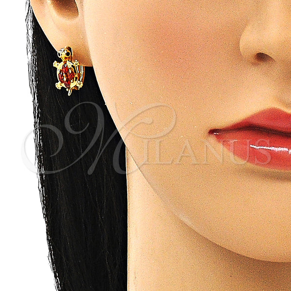 Gold Filled Hoop Earrings — Huggie Hoop Turtle Design with Garnet and Black — alternate product view — SKU 148689 | Oro Laminado aretes de aro — Huggie Hoop Turtle diseño with Garnet and negro — SKU 148689