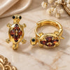 Oro Laminado Huggie Hoop, Gold Filled Style Turtle Design, with Garnet and Black Cubic Zirconia, Polished, Golden Finish, 02.210.0712.1.12