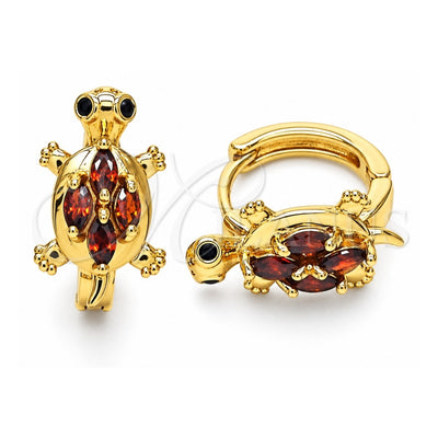 Oro Laminado Huggie Hoop, Gold Filled Style Turtle Design, with Garnet and Black Cubic Zirconia, Polished, Golden Finish, 02.210.0712.1.12
