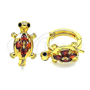 Gold Filled Hoop Earrings — Huggie Hoop Turtle Design with Garnet and Black — main product view — SKU 148689 | Oro Laminado aretes de aro — Huggie Hoop Turtle diseño with Garnet and negro — SKU 148689
