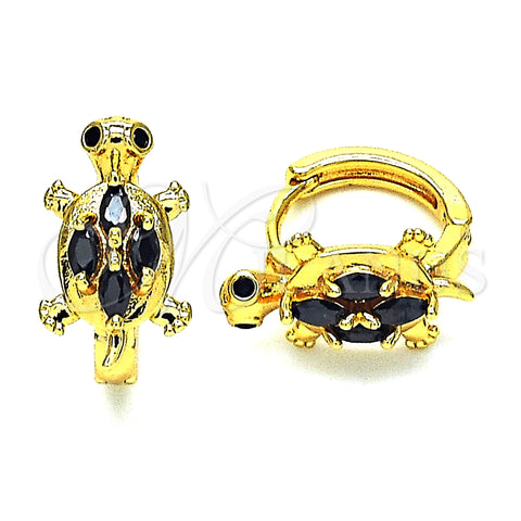 Oro Laminado Huggie Hoop, Gold Filled Style Turtle Design, with Black Cubic Zirconia, Polished, Golden Finish, 02.210.0712.2.12