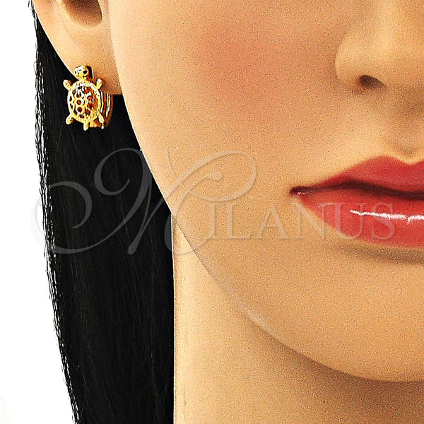 Gold Filled Hoop Earrings — Huggie Hoop Turtle Design with Garnet Cubic Zirconia — alternate product view — SKU 148692 | Oro Laminado aretes de aro — Huggie Hoop Turtle diseño with Garnet Cubic Zirconia — SKU 148692