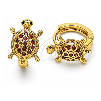 Oro Laminado Huggie Hoop, Gold Filled Style Turtle Design, with Garnet Cubic Zirconia and Black Micro Pave, Polished, Golden Finish, 02.210.0459.2.12