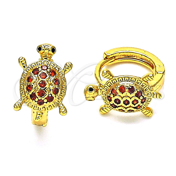 Gold Filled Hoop Earrings — Huggie Hoop Turtle Design with Garnet Cubic Zirconia — main product view — SKU 148692 | Oro Laminado aretes de aro — Huggie Hoop Turtle diseño with Garnet Cubic Zirconia — SKU 148692
