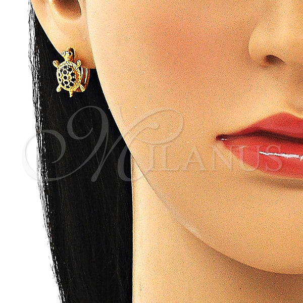 Gold Filled Hoop Earrings — Huggie Hoop Turtle Design with Black Cubic Zirconia — alternate product view — SKU 148693 | Oro Laminado aretes de aro — Huggie Hoop Turtle diseño with negro Cubic Zirconia — SKU 148693