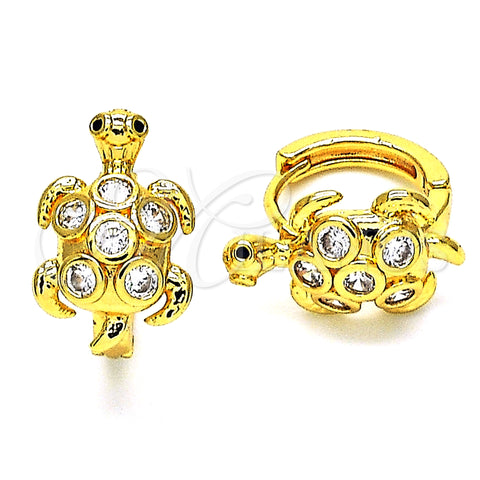 Oro Laminado Huggie Hoop, Gold Filled Style Turtle Design, with White Cubic Zirconia and Black Micro Pave, Polished, Golden Finish, 02.210.0713.12