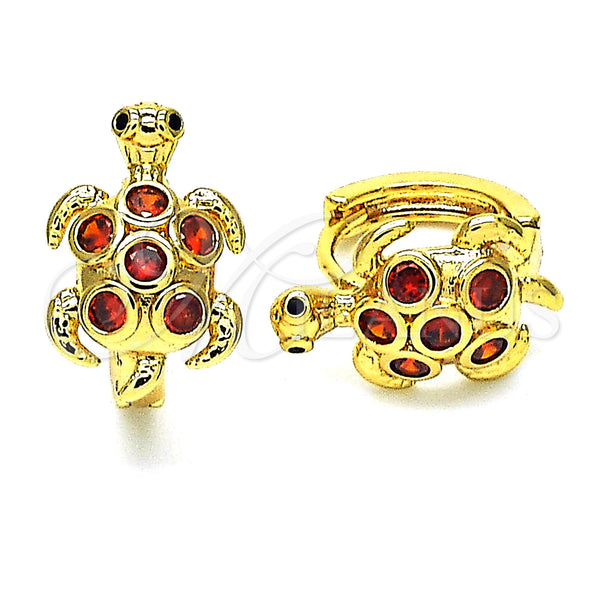Gold Filled Hoop Earrings — Huggie Hoop Turtle Design with Garnet Cubic Zirconia — main product view — SKU 148695 | Oro Laminado aretes de aro — Huggie Hoop Turtle diseño with Garnet Cubic Zirconia — SKU 148695