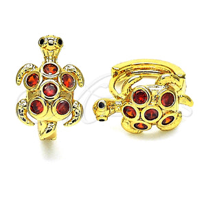 Gold Filled Hoop Earrings — Huggie Hoop Turtle Design with Garnet Cubic Zirconia — main product view — SKU 148695 | Oro Laminado aretes de aro — Huggie Hoop Turtle diseño with Garnet Cubic Zirconia — SKU 148695