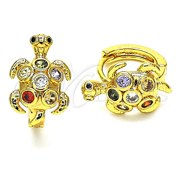 Gold Filled Hoop Earrings — Huggie Hoop Turtle Design with Multicolor Cubic Zirconia — main product view — SKU 148697 | Oro Laminado aretes de aro — Huggie Hoop Turtle diseño with Multicolor Cubic Zirconia — SKU 148697