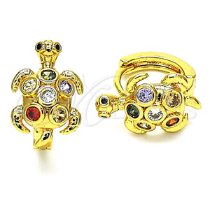 Gold Filled Hoop Earrings — Huggie Hoop Turtle Design with Multicolor Cubic Zirconia — main product view — SKU 148697 | Oro Laminado aretes de aro — Huggie Hoop Turtle diseño with Multicolor Cubic Zirconia — SKU 148697