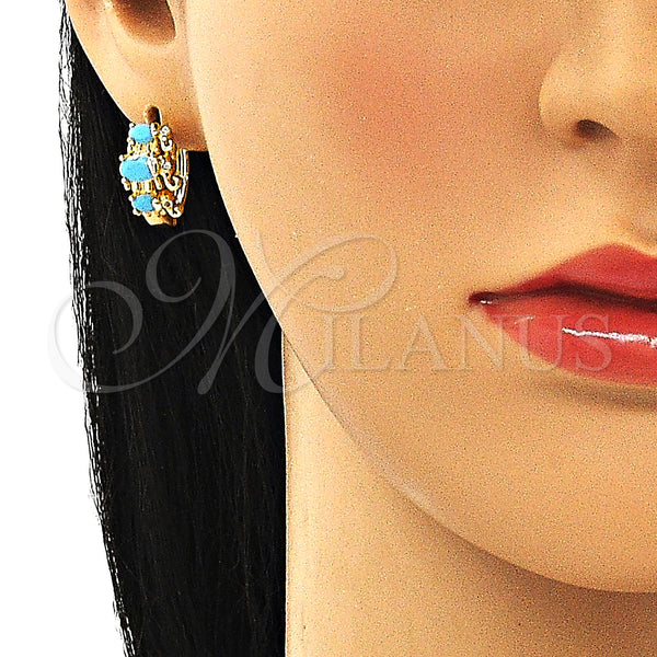 Gold Filled Hoop Earrings — Huggie Hoop Elephant Design with Turquoise and White — alternate product view — SKU 148699 | Oro Laminado aretes de aro — Huggie Hoop Elephant diseño with Turquoise and blanco — SKU 148699