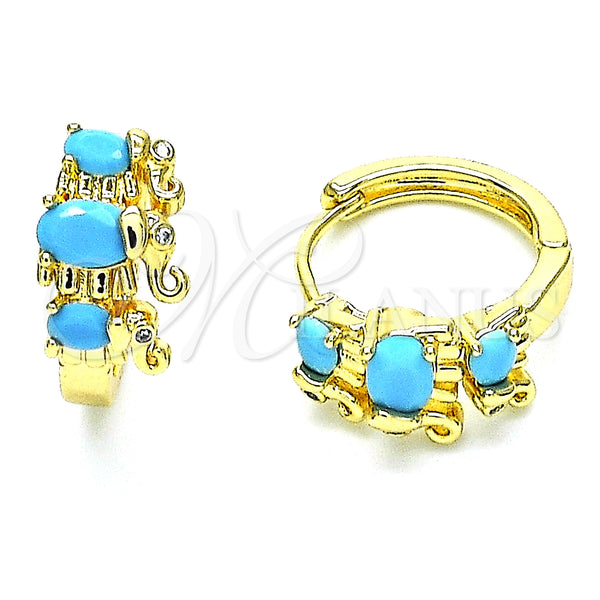 Gold Filled Hoop Earrings — Huggie Hoop Elephant Design with Turquoise and White — main product view — SKU 148699 | Oro Laminado aretes de aro — Huggie Hoop Elephant diseño with Turquoise and blanco — SKU 148699