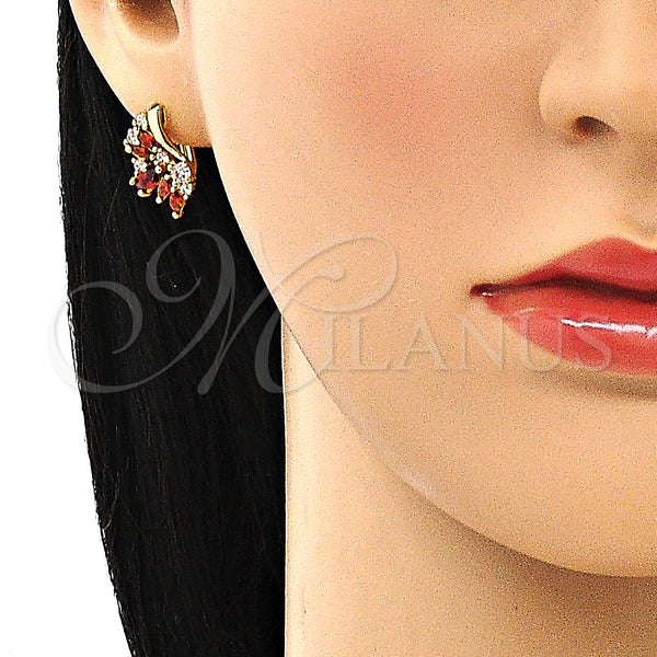 Gold Filled Hoop Earrings — Huggie Hoop Wings and Teardrop Design with Garnet — alternate product view — SKU 148713 | Oro Laminado aretes de aro — Huggie Hoop Wings and Teardrop diseño with Garnet — SKU 148713