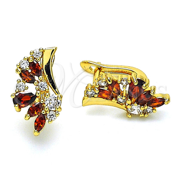 Gold Filled Hoop Earrings — Huggie Hoop Wings and Teardrop Design with Garnet — main product view — SKU 148713 | Oro Laminado aretes de aro — Huggie Hoop Wings and Teardrop diseño with Garnet — SKU 148713