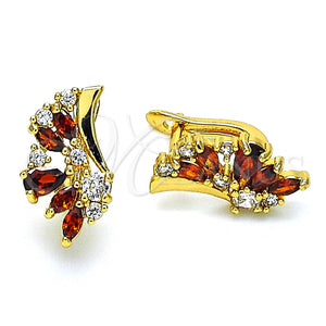 Gold Filled Hoop Earrings — Huggie Hoop Wings and Teardrop Design with Garnet — main product view — SKU 148713 | Oro Laminado aretes de aro — Huggie Hoop Wings and Teardrop diseño with Garnet — SKU 148713