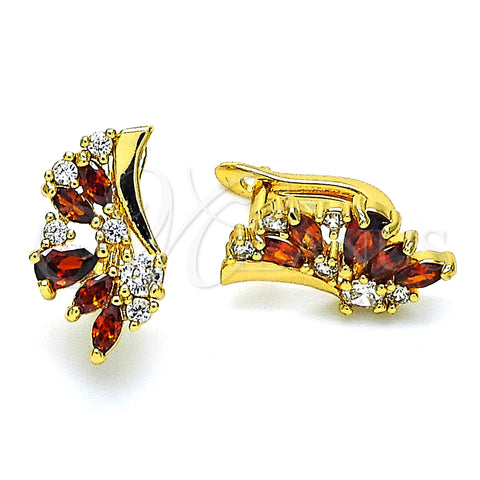Oro Laminado Huggie Hoop, Gold Filled Style Wings and Teardrop Design, with Garnet and White Cubic Zirconia, Polished, Golden Finish, 02.210.0717.1.10